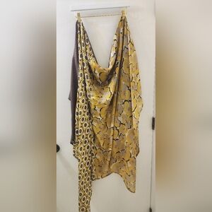 Yellow and Brown Patterned Scarf 58"×44", Silk, Wool.